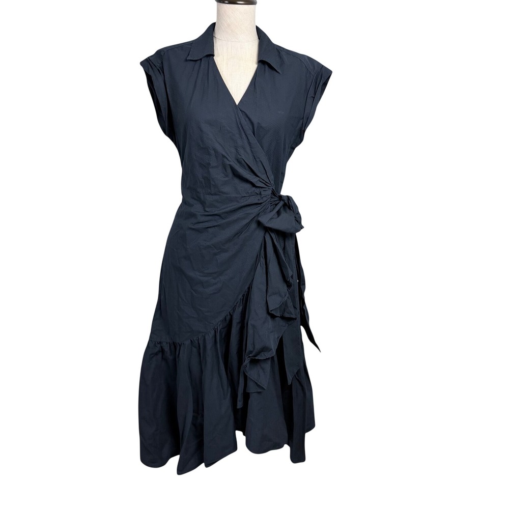 Anthropologie Navy Blue Wrap Dress Petite Small Collared Ruffle Midi Cotton